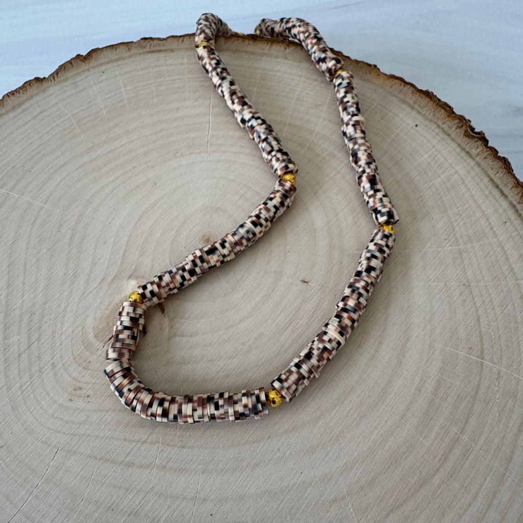 Brown Camouflage Mens Polymer Necklace, Brown White Beige