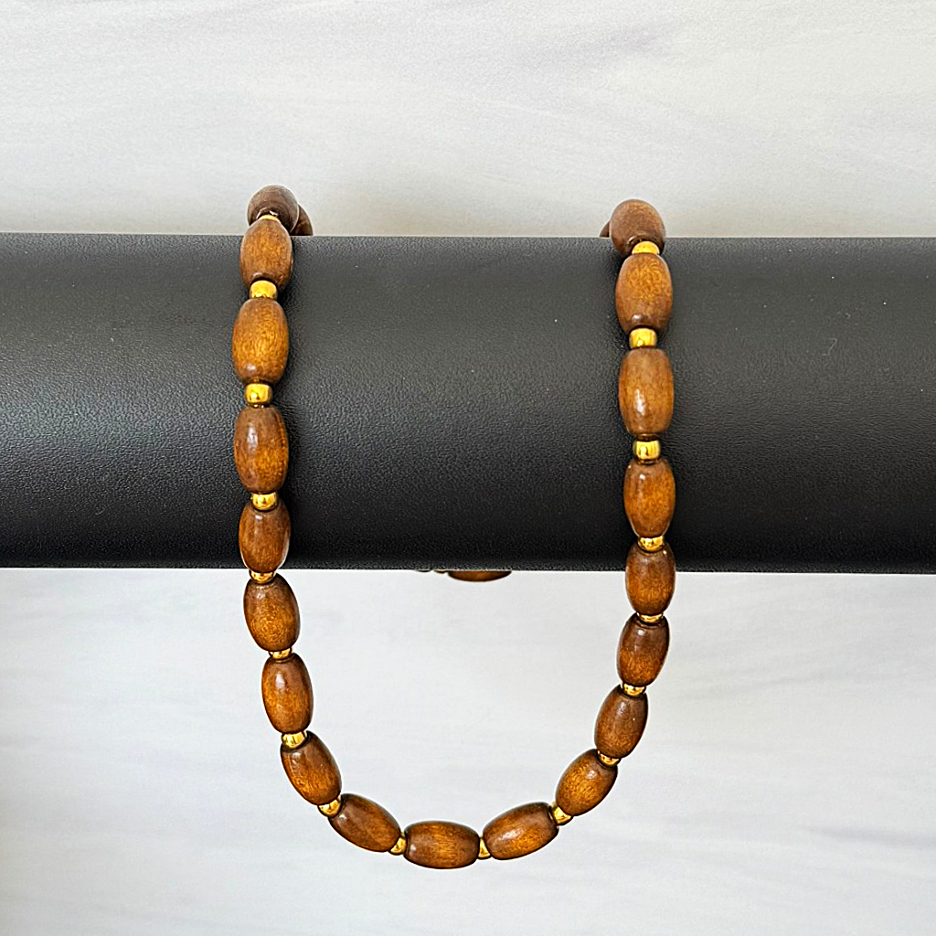 Brown Wood Barrel and Gold Beaded Mens Necklace On Black Bar