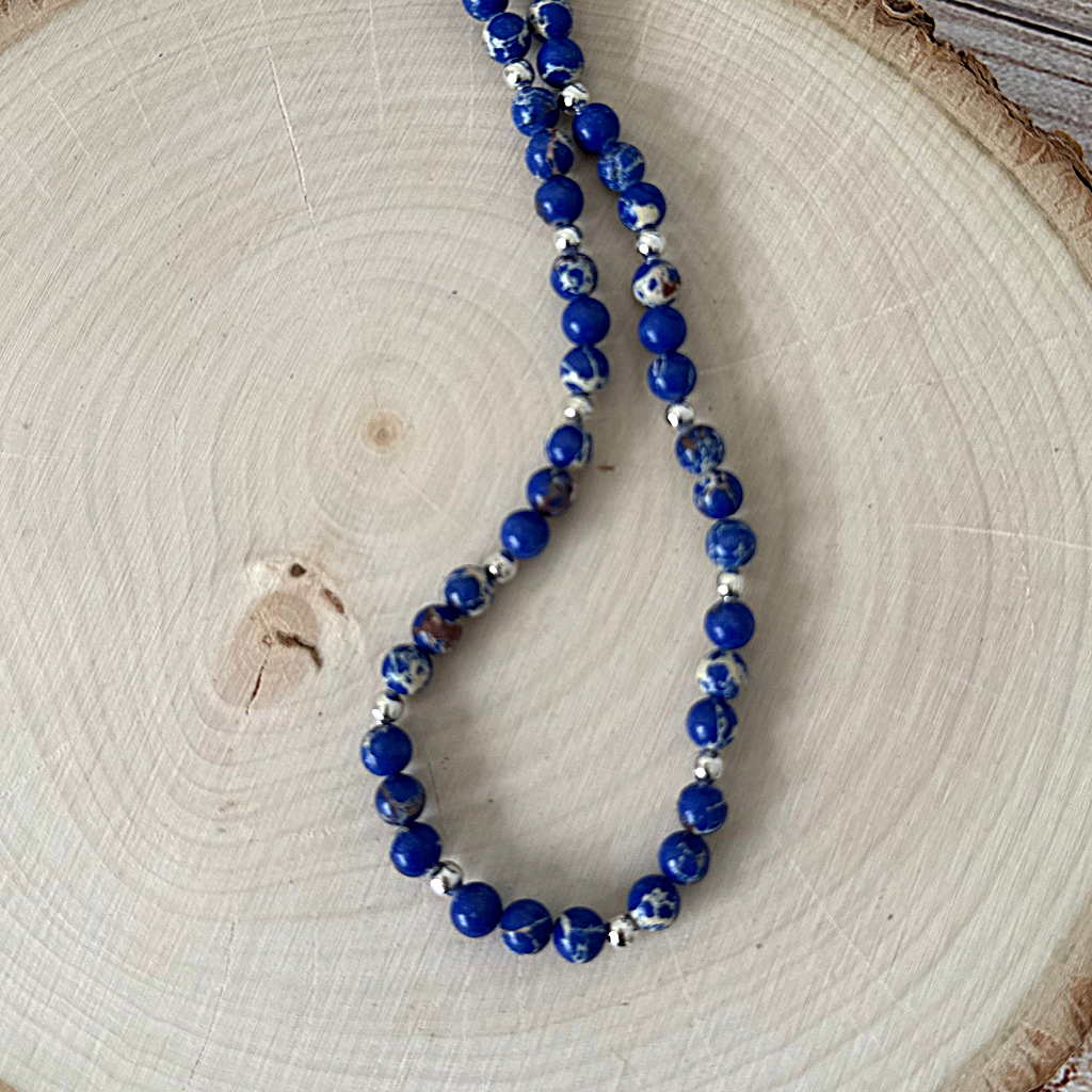 Cobalt Blue Impression Jasper Mens Beaded Necklace On Light Wood