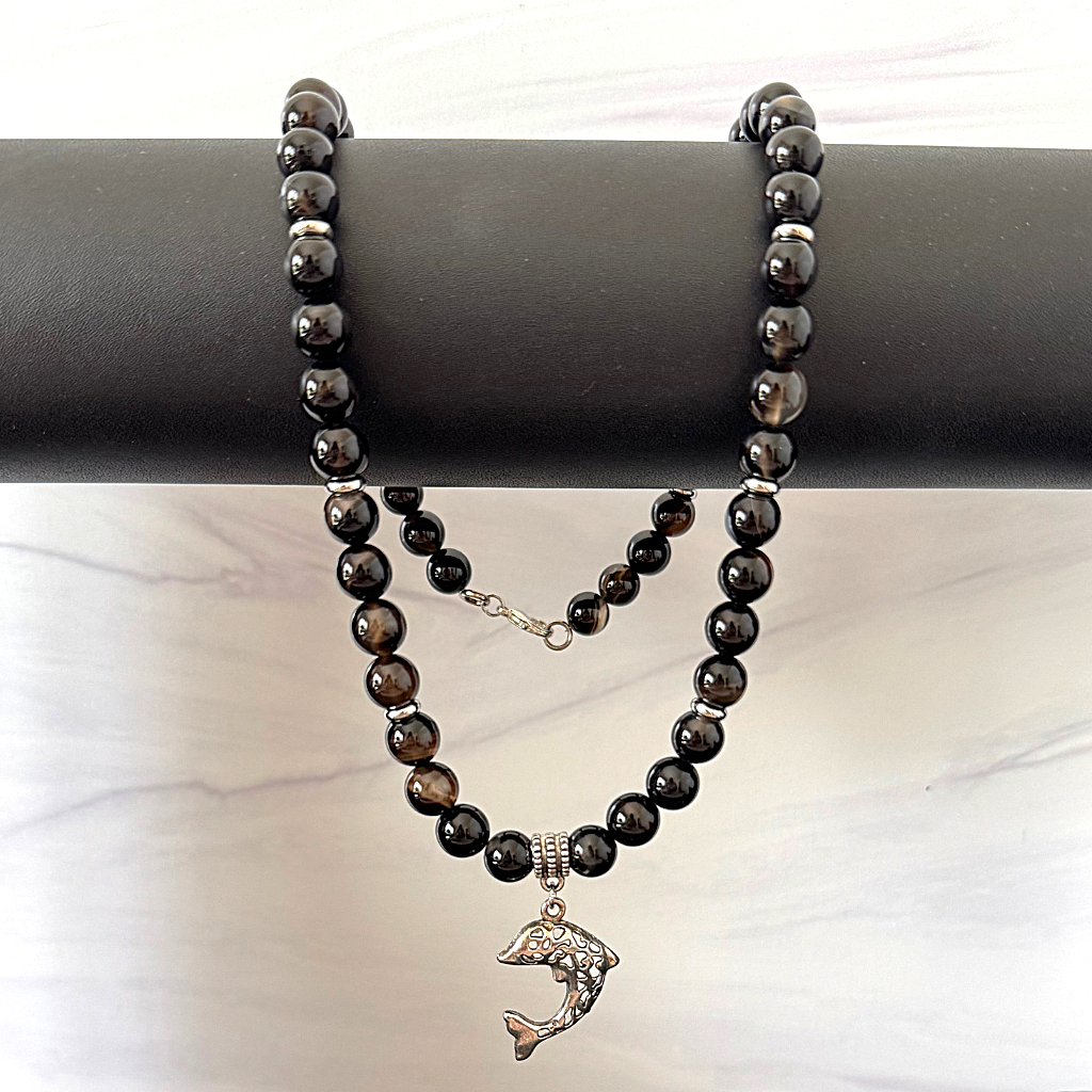 Dark Brown Agate and Silver Fish Mens Beaded Necklace - JaeBee