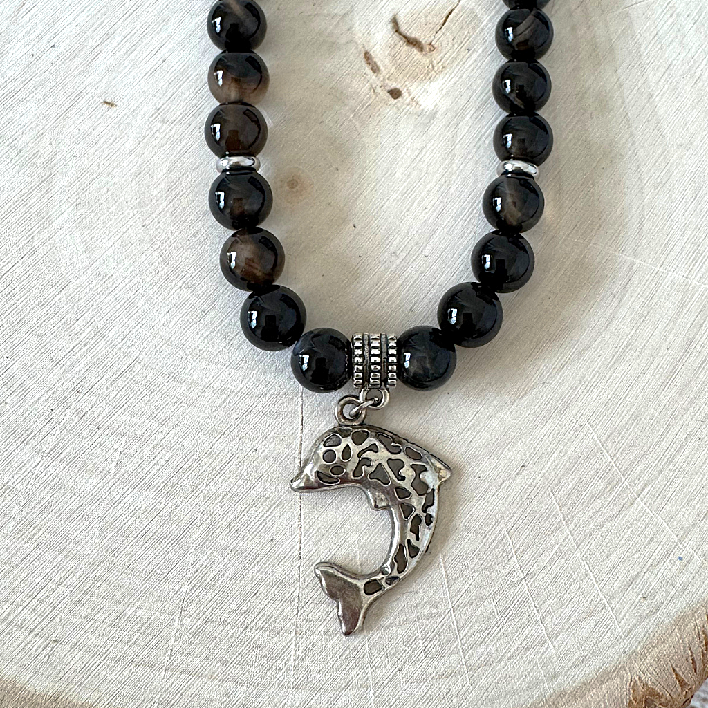 Dark Brown Agate and Silver Fish Mens Beaded Necklace - JaeBee