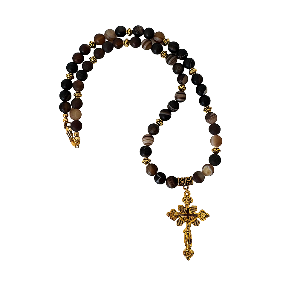 8mm Dark Brown Matte Agate Mens Beaded Necklace With Gold Cross.