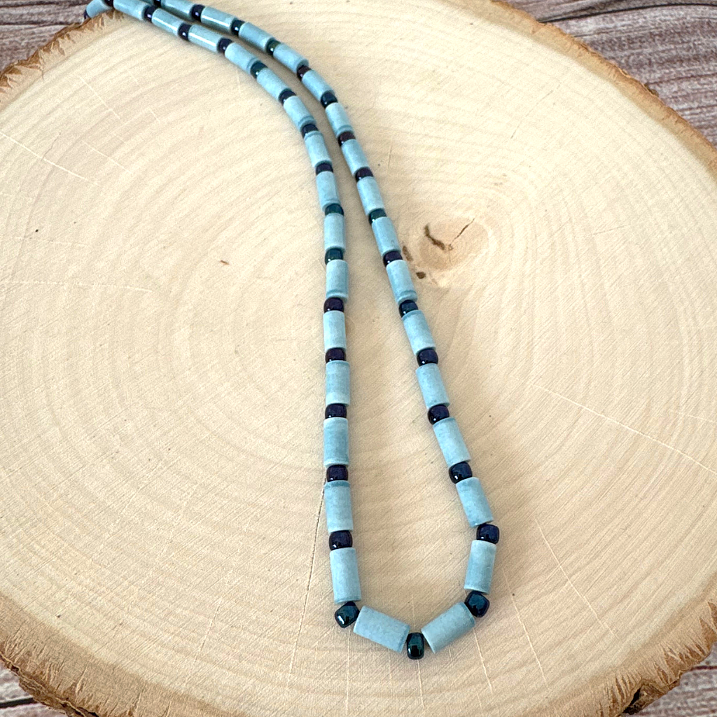 Denim Blue Agate Tube and Metallic Blue Toho Beaded Mens Necklace On Wood Table