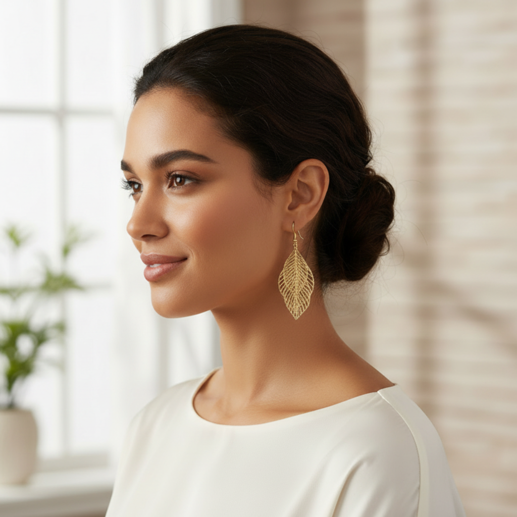 Gold Cut Out Leaf Long Dangle Earrings On A model.