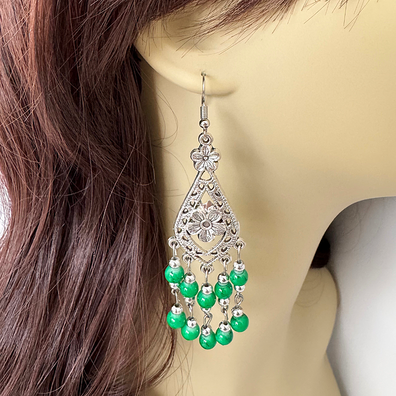 Green and Silver Beaded Flower Dangle Earrings