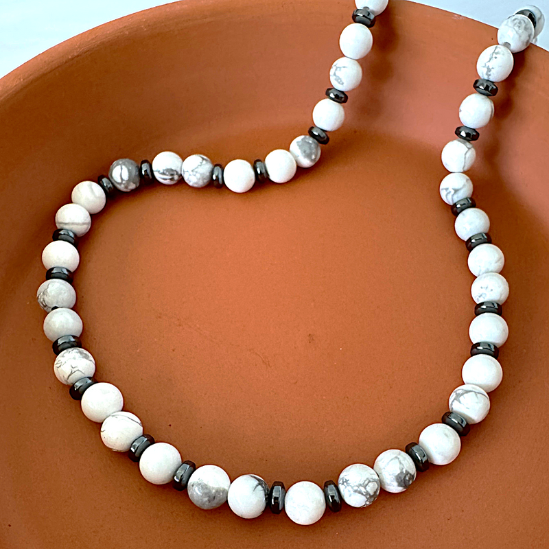 Howlite and Gunmetal Hematite Mens Beaded Necklace