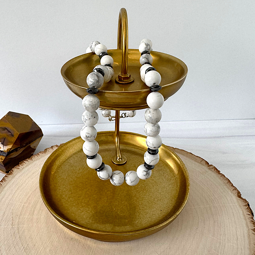 Howlite and Gunmetal Hematite Mens Beaded Necklace On A Gold Tray