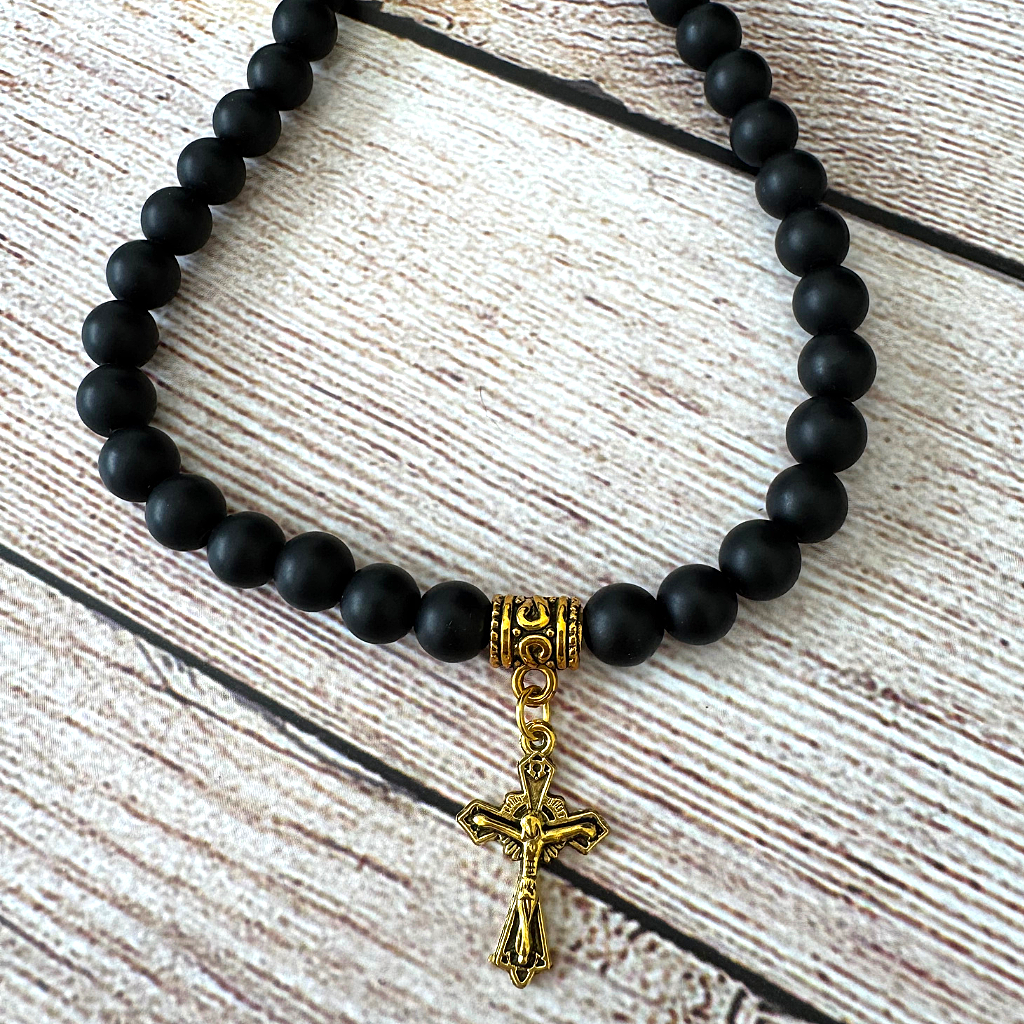 Matte Black Onyx Mens Beaded Necklace with Gold Cross Jesus