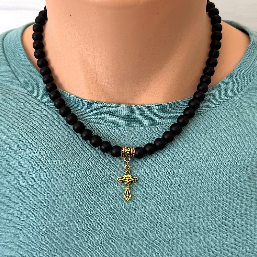 Matte Black Onyx Mens Beaded Necklace with Gold Cross