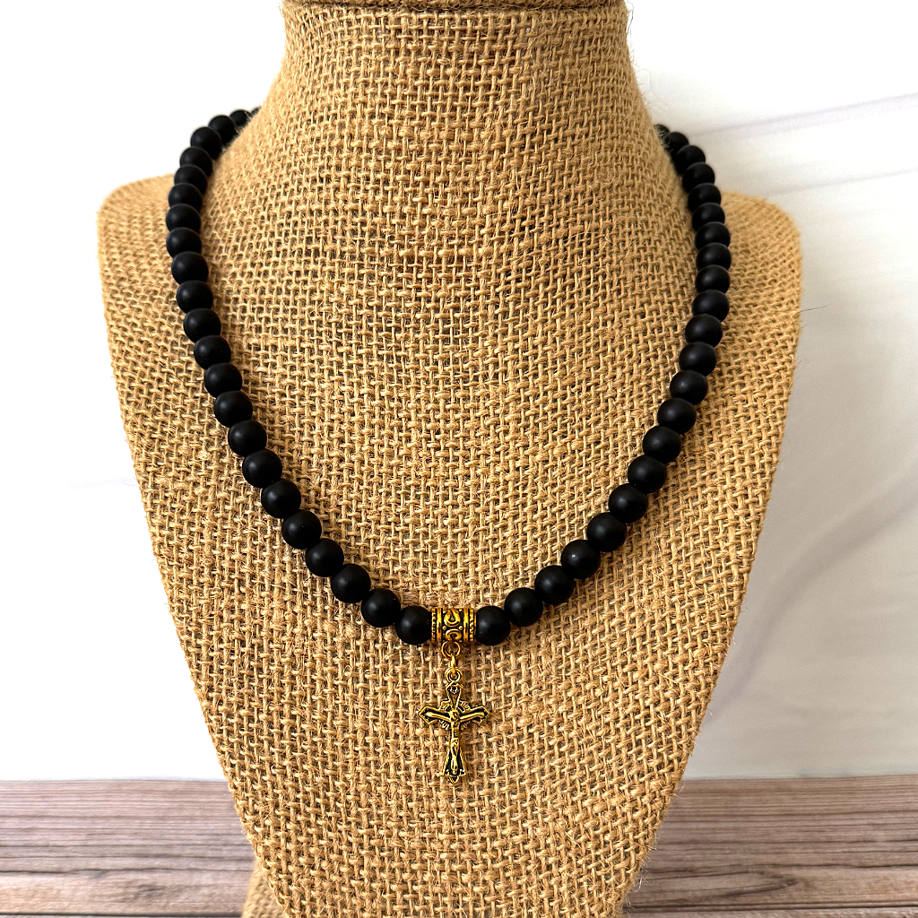 Matte Black Onyx Mens Beaded Necklace with Gold Cross Jesus