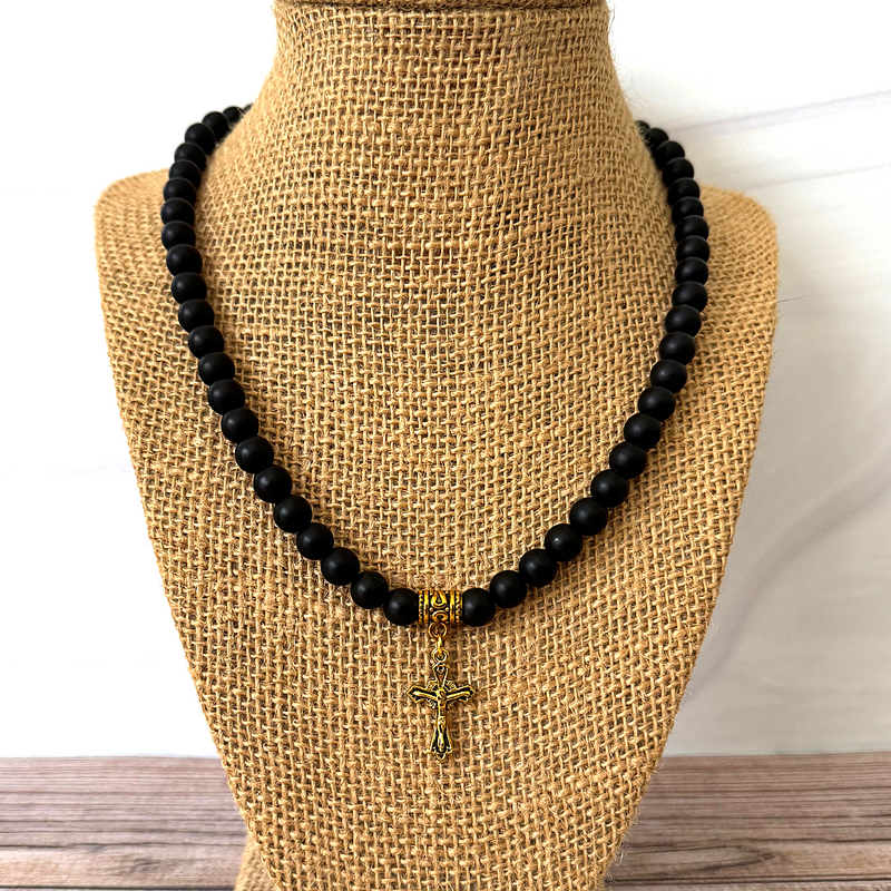 Matte Black Onyx Mens Beaded Necklace with Gold Cross Jesus