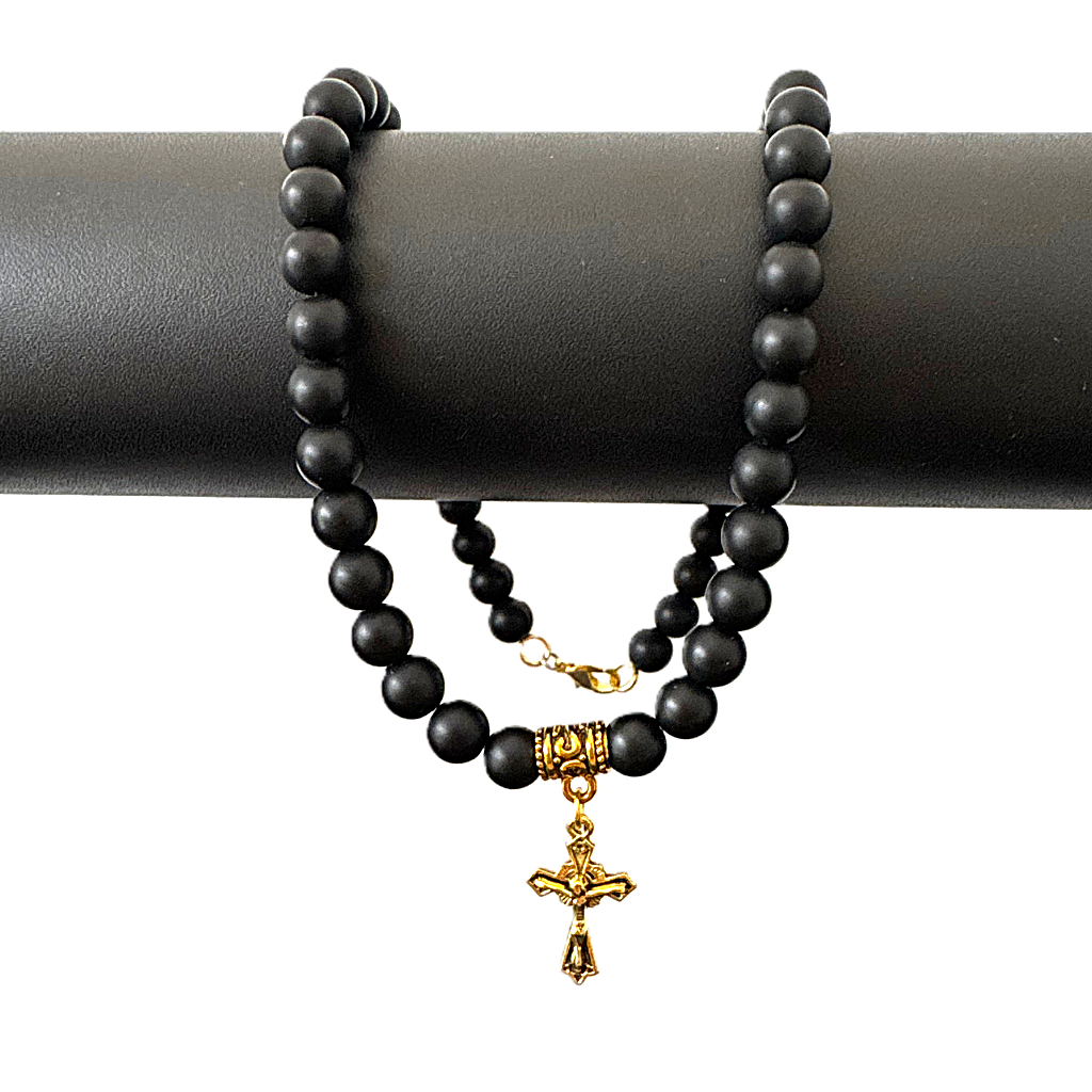 Matte Black Onyx Mens Beaded Necklace with Gold Cross With Jesus Charm On a Black Rod