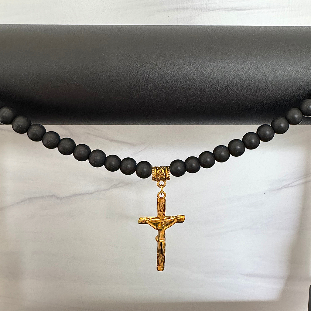 Matte Black Onyx and Gold Cross with Jesus Mens Beaded Necklace On A Black Pole
