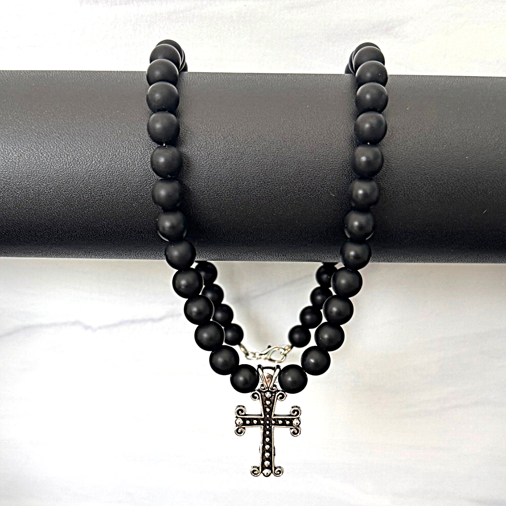 Matte Black Onyx and Ornate Silver Cross Mens Beaded Necklace On Black Bar Diplay