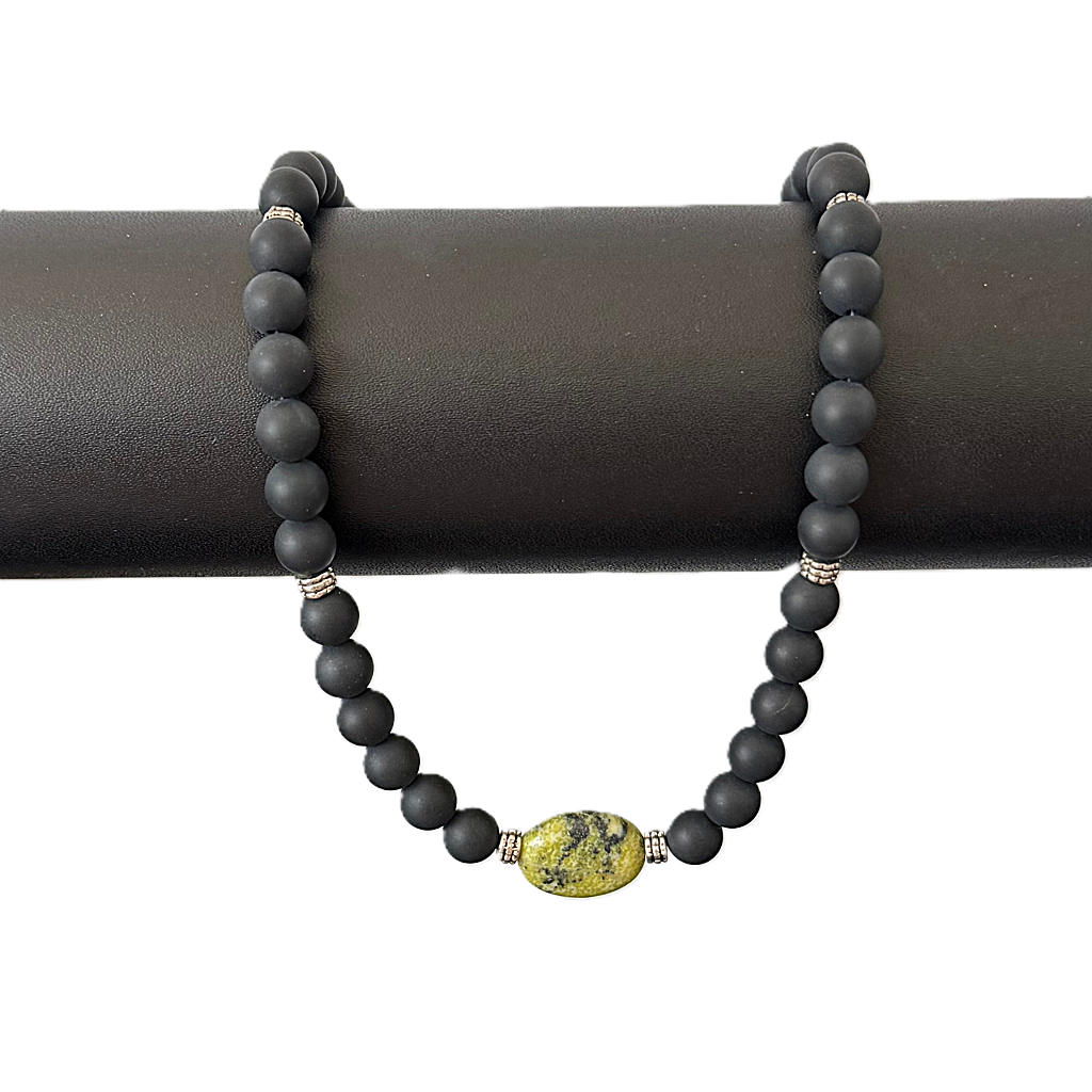 Matte Black Onyx and Serpentine Mens Beaded Necklace On Black Rod