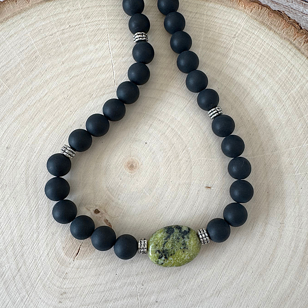 Matte Black Onyx and Serpentine Mens Beaded Necklace On Wood
