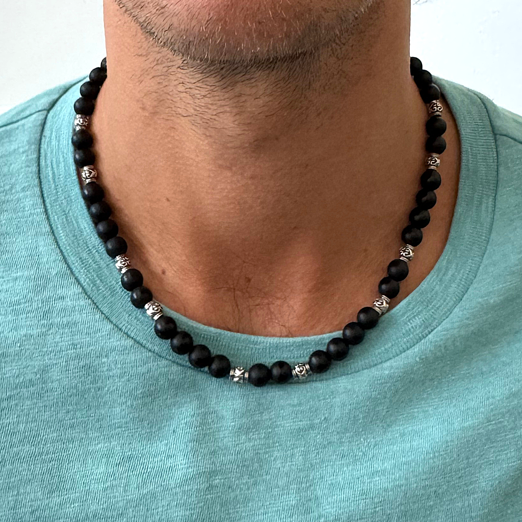 Matte Black Onyx and Silver Beaded Mens Necklace On A Man