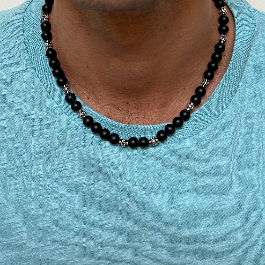 Matte Black Onyx and Silver Beaded Mens Necklace