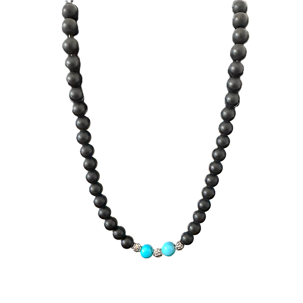 Matte Black Onyx and Turquoise Howlite Mens Beaded Necklace On A White Background