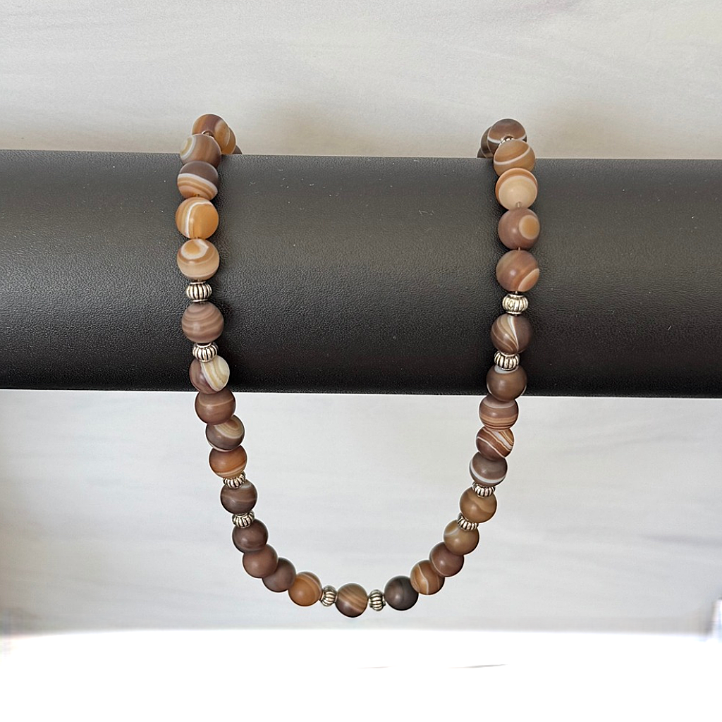Matte Brown Line Agate and Silver Bead Mens Necklace On A Rod