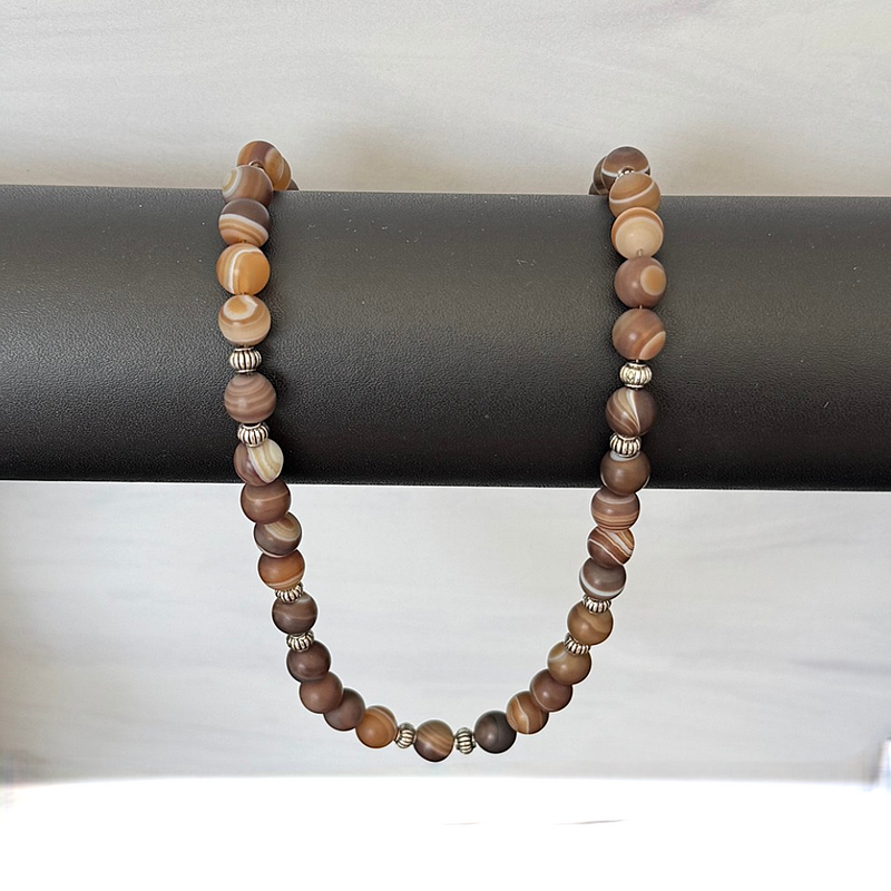 Matte Brown Line Agate and Silver Bead Mens Necklace On A Rod