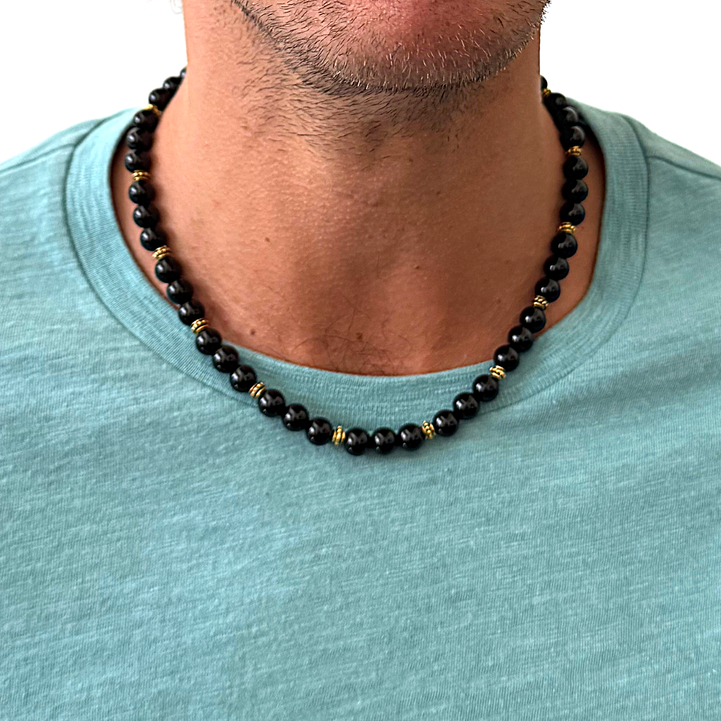 Men's Black Onyx and Gold Beaded Necklace On A Man