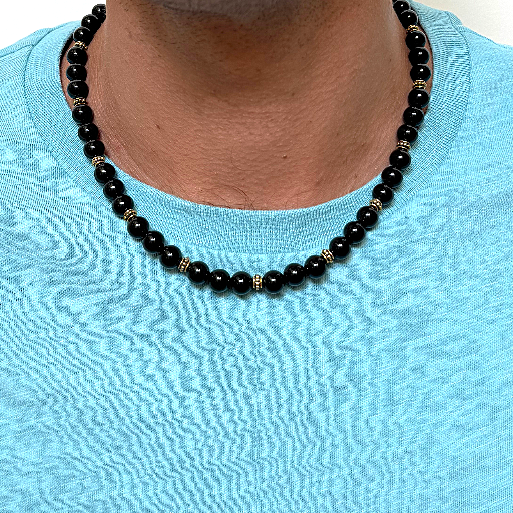 Men's Black Onyx and Gold Beaded Necklace