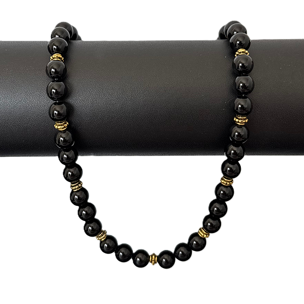 Men's Black Onyx and Gold Beaded Necklace On A Black Bar.