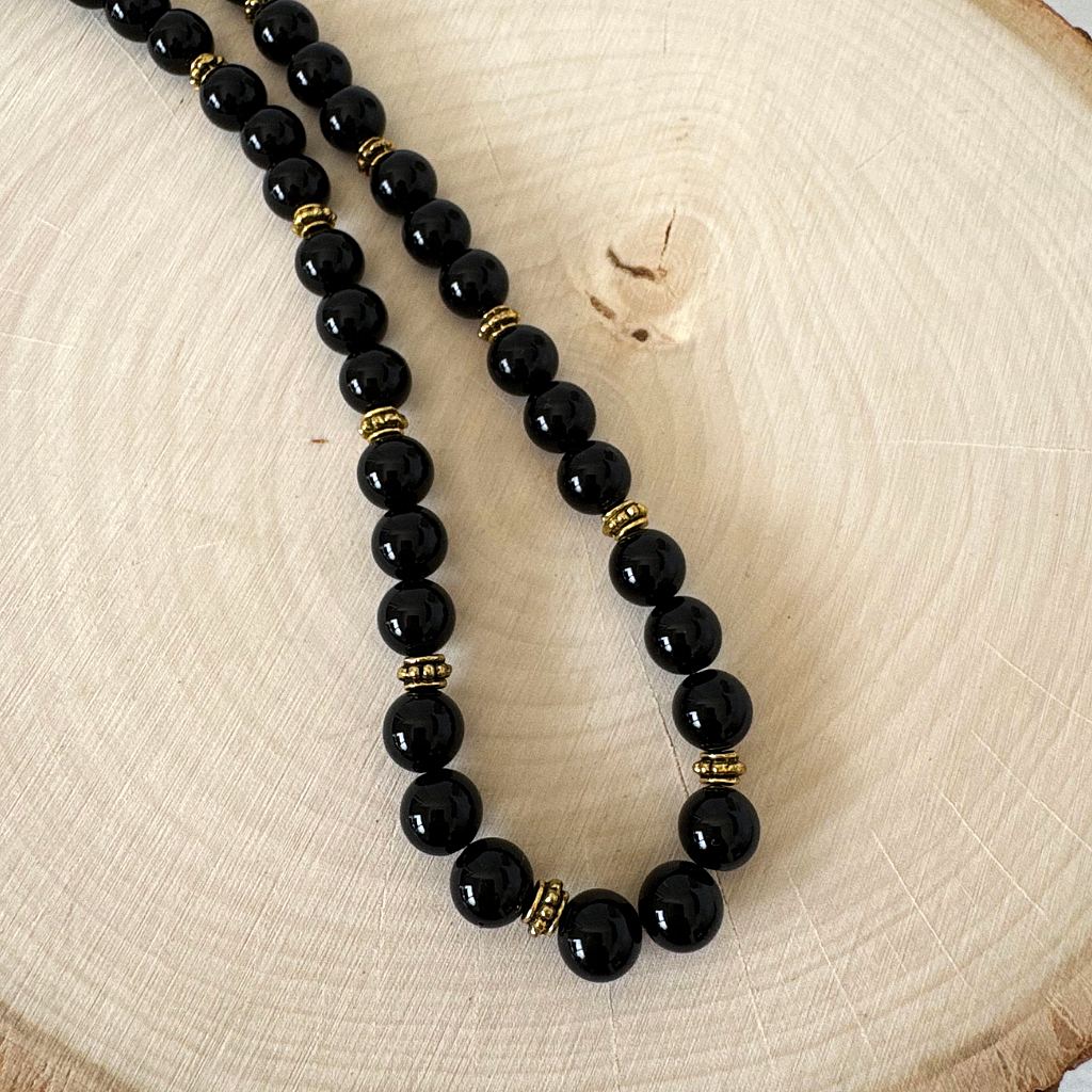 Men's Black Onyx and Gold Beaded Necklace On Display