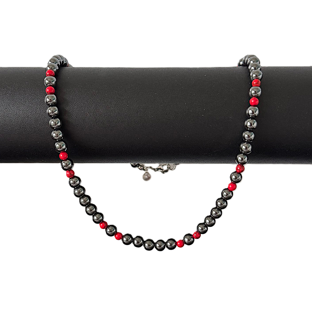 Men's Hematite and Red Howlite Beaded Necklace On A Black Rod