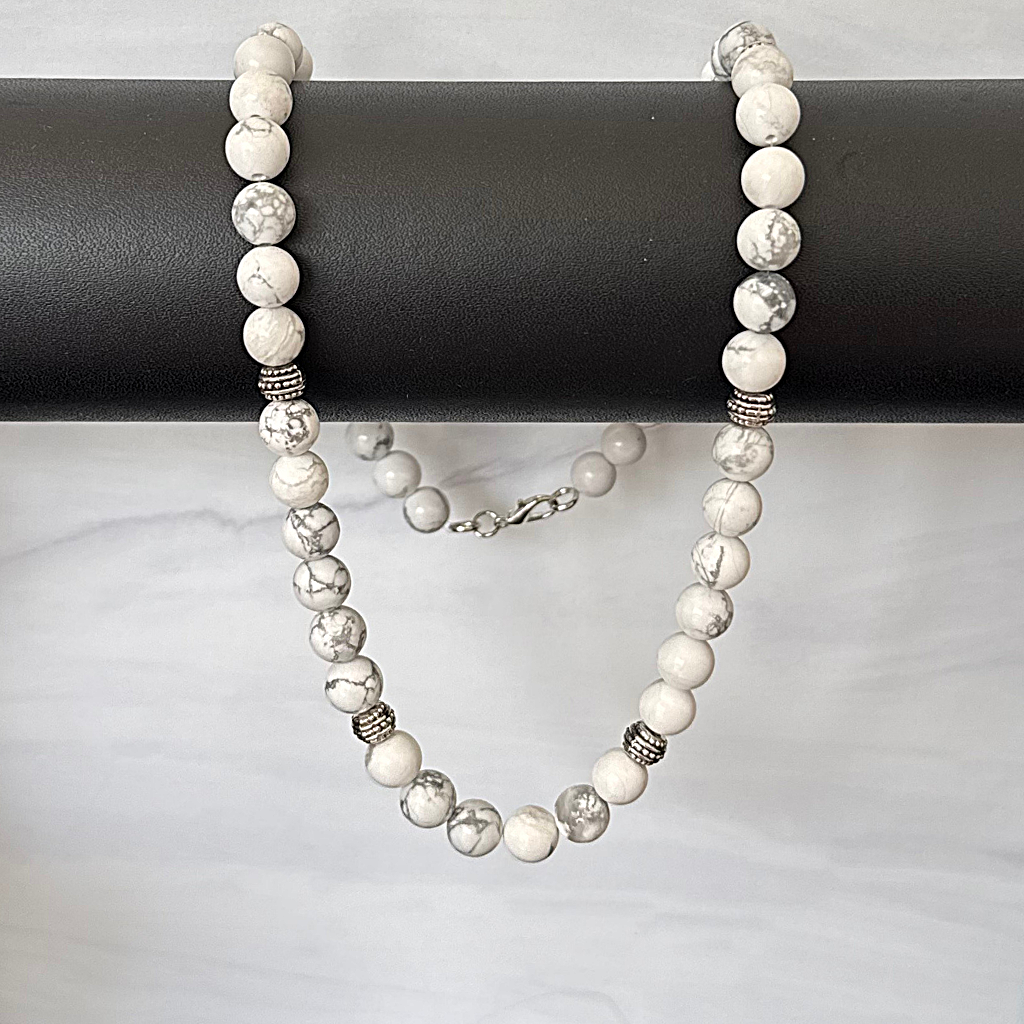 Men's White and Gray Howlite Silver Beaded Necklace On A Rod