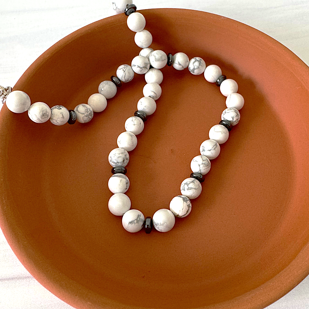 Men's White and Gray Howlite and Black Hematite Beaded Necklace