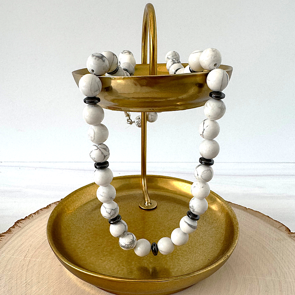 Men's White and Gray Howlite and Black Hematite Beaded Necklace On A Tray