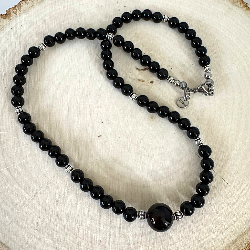 Mens Black Onyx 6mm and Silver Beaded Necklace Displayed