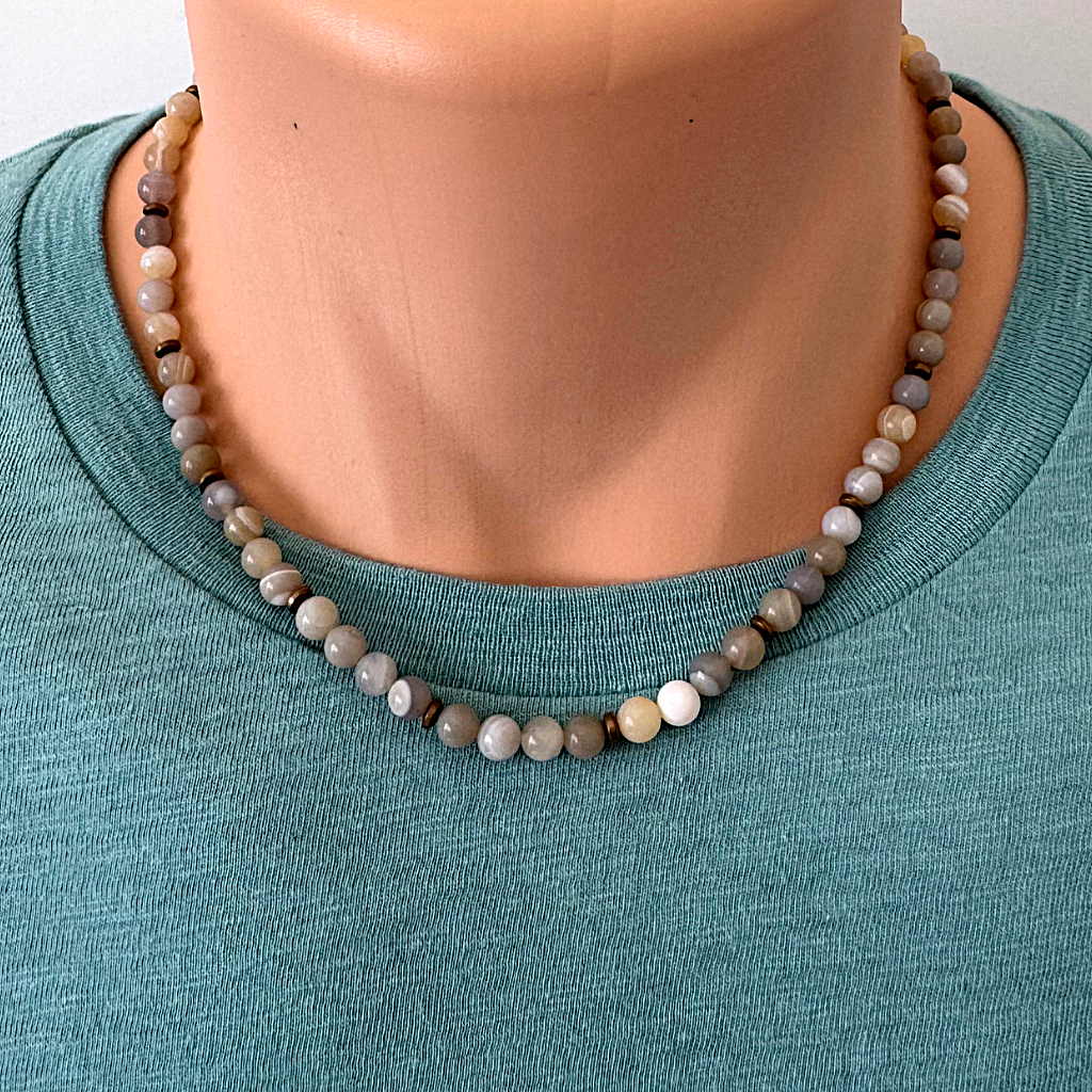 Mens Antique Line Agate 6mm and Bronze Beaded Necklace