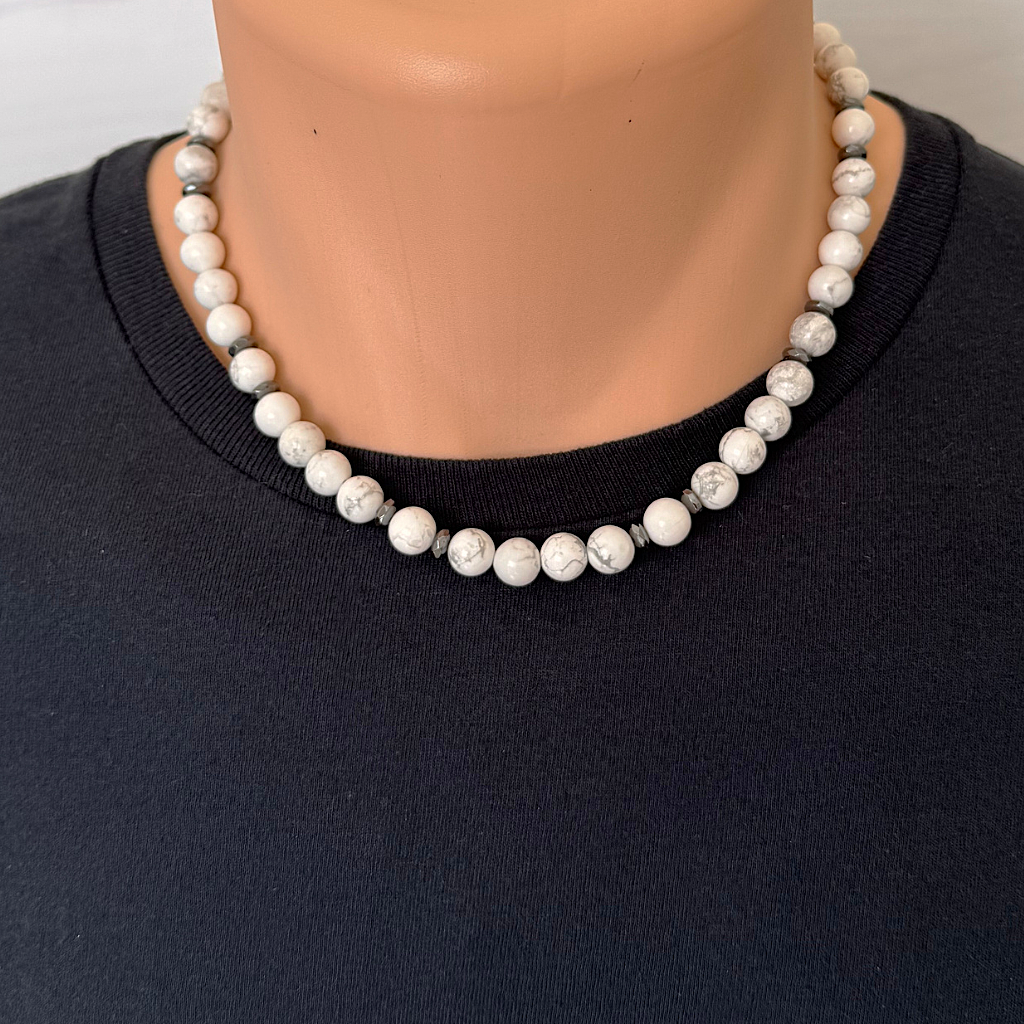 Mens Howlite and Hematite 8mm Beaded Necklace
