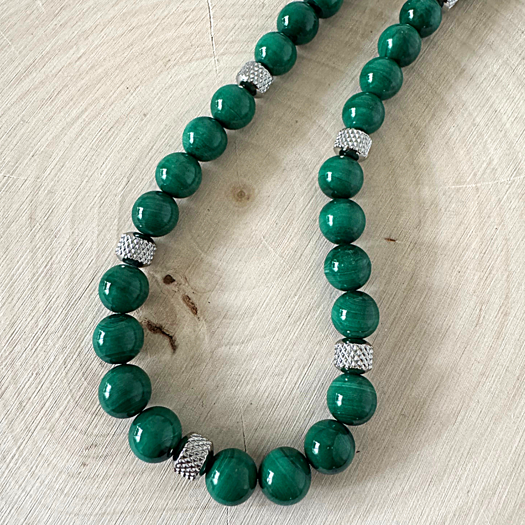 Mens Malachite And Silver 8mm Beaded Necklace Displayed