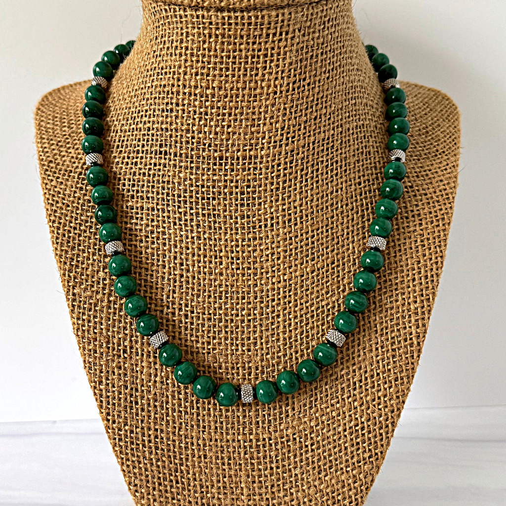 Mens Malachite And Silver 8mm Beaded Necklace On a Display