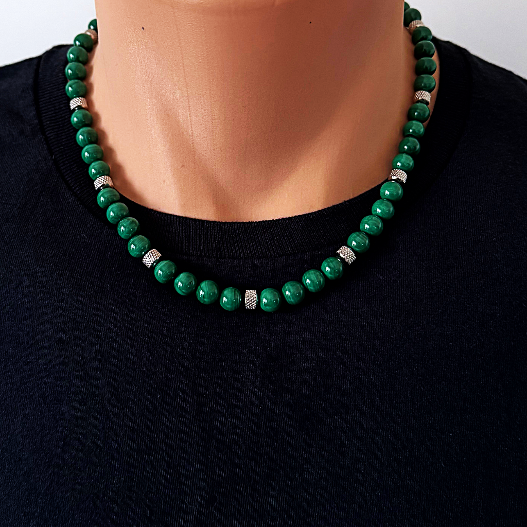 Mens Malachite And Silver 8mm Beaded Necklace