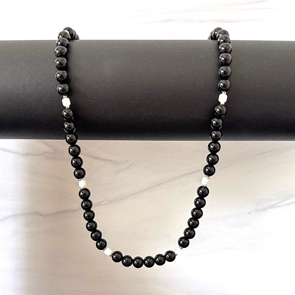 Mens 6mm Black Onyx and Mother of Pearl Beaded Necklace On A Black Pole