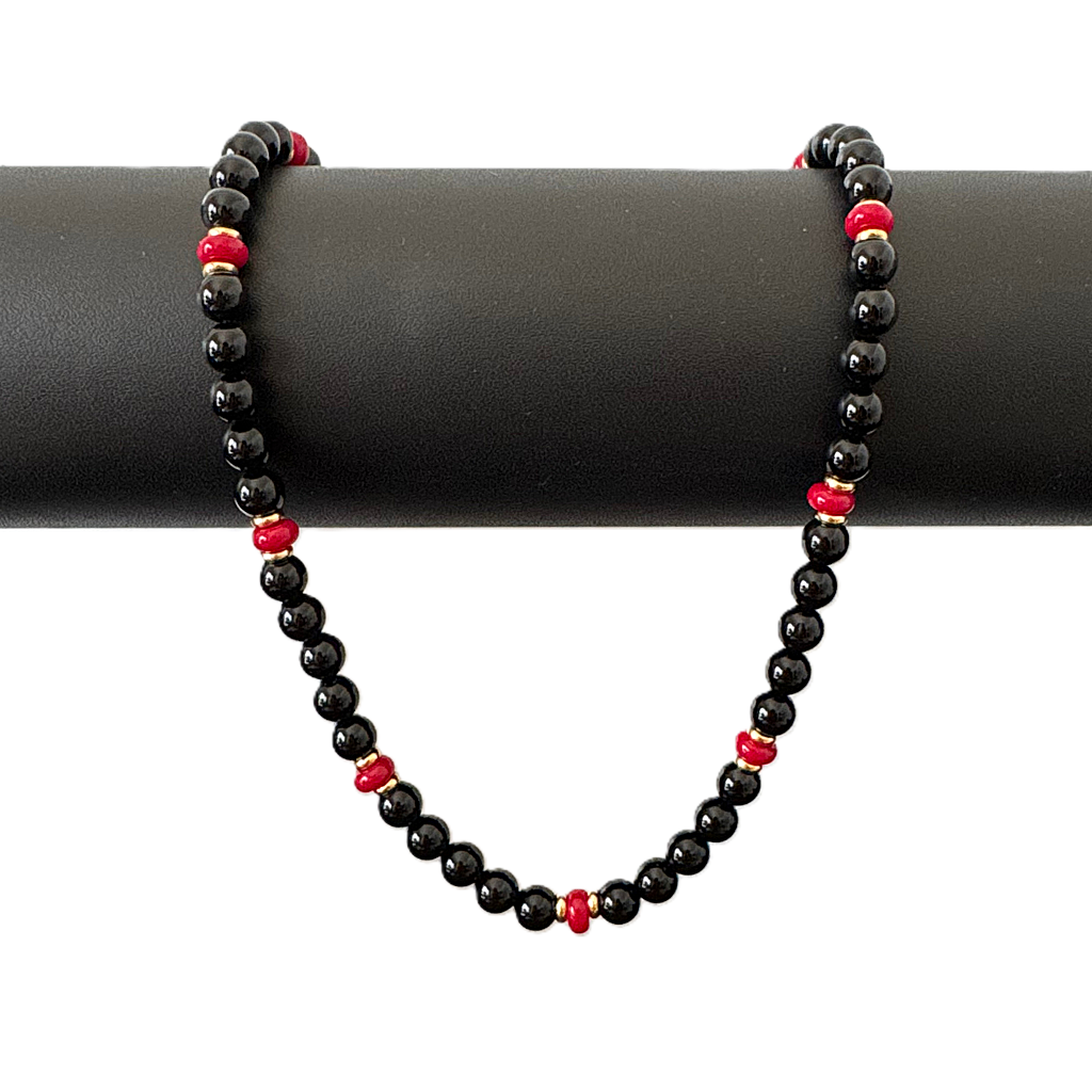 Mens 6mm Black Onyx and Red Agate Rondelle Beaded Necklace On a Black Bar