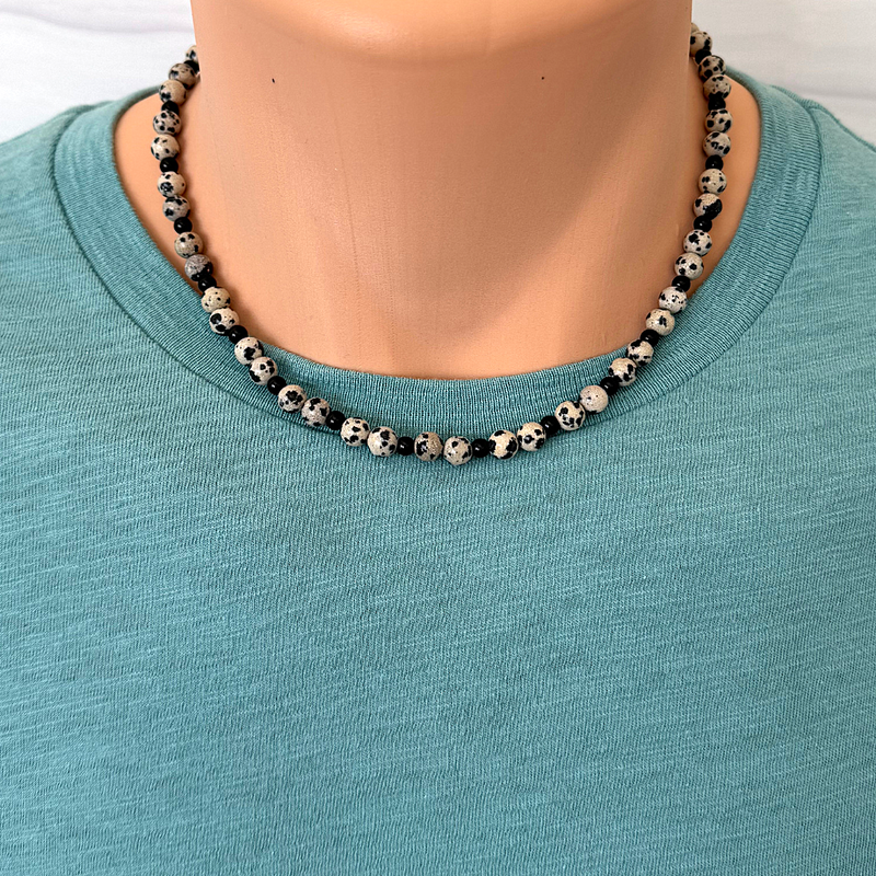 Mens 6mm Dalmation and Black Onyx Beaded Necklace. Beige and Black Beads.