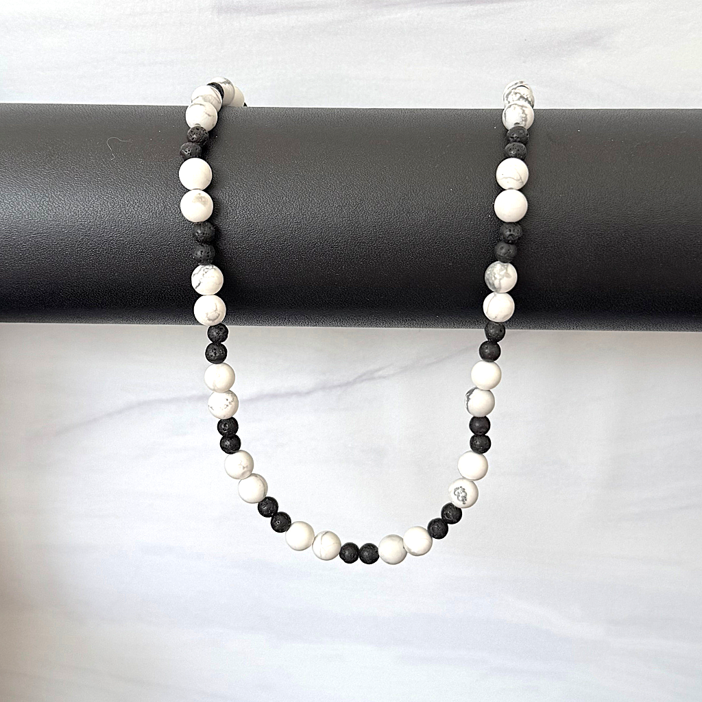 Mens 6mm Howlite and 4mm Black Lava Necklace On A Black Rod