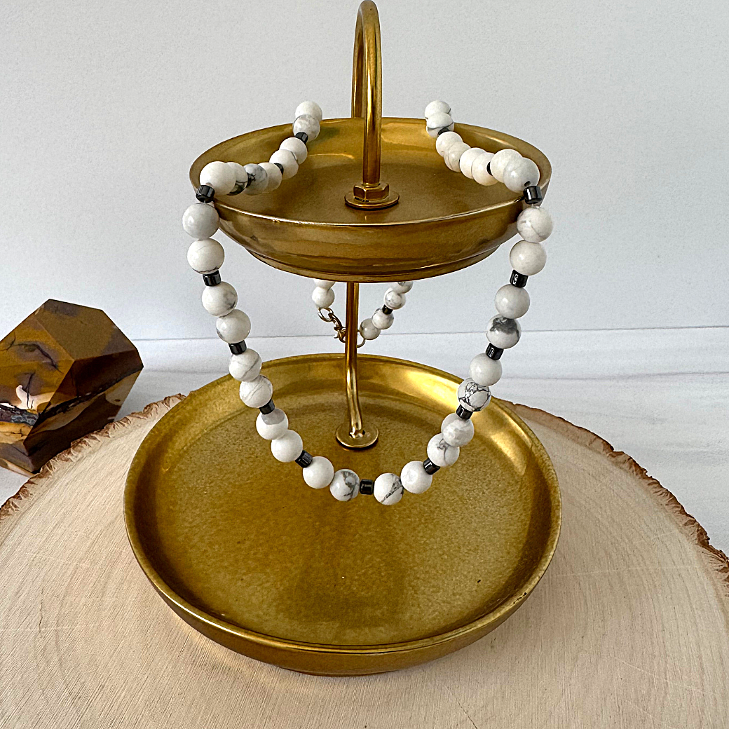 Mens 6mm White Howlite and Hematite Seed Bead Necklace Displayed
