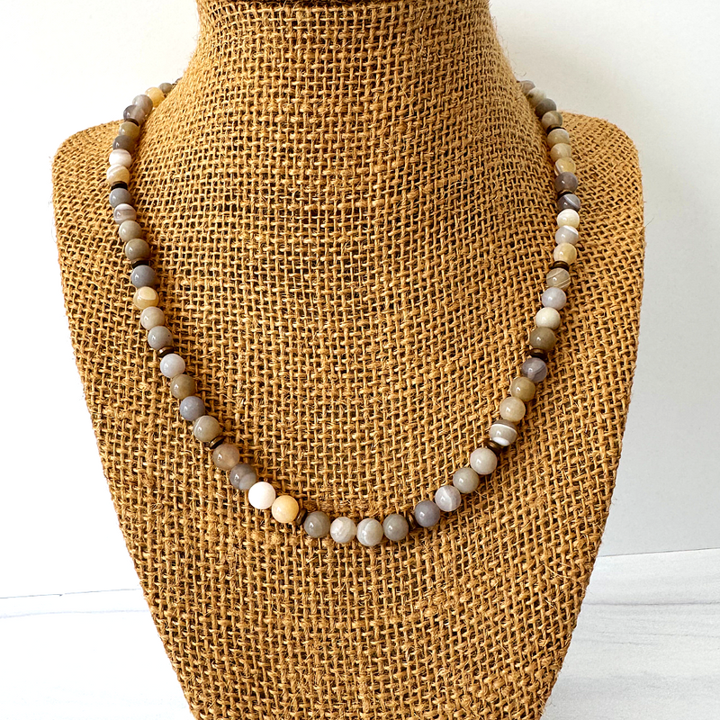 Mens Antique Line Agate 6mm and Bronze Beaded Necklace Displayed