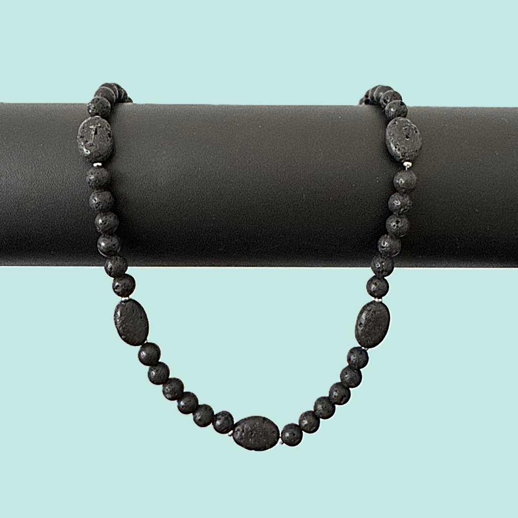 Mens Black Lava 6mm and Oval Beaded Necklace On A Black Pole