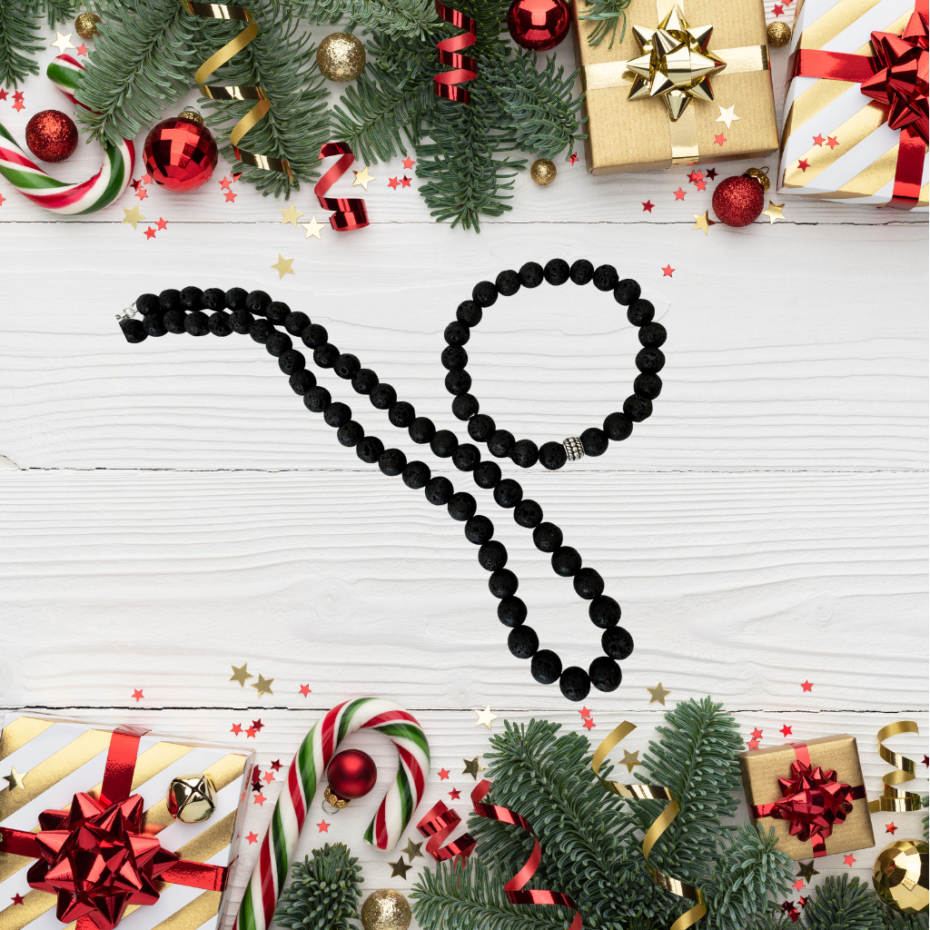 Mens 8mm Black Lava Necklace and Bracelet Gift Set