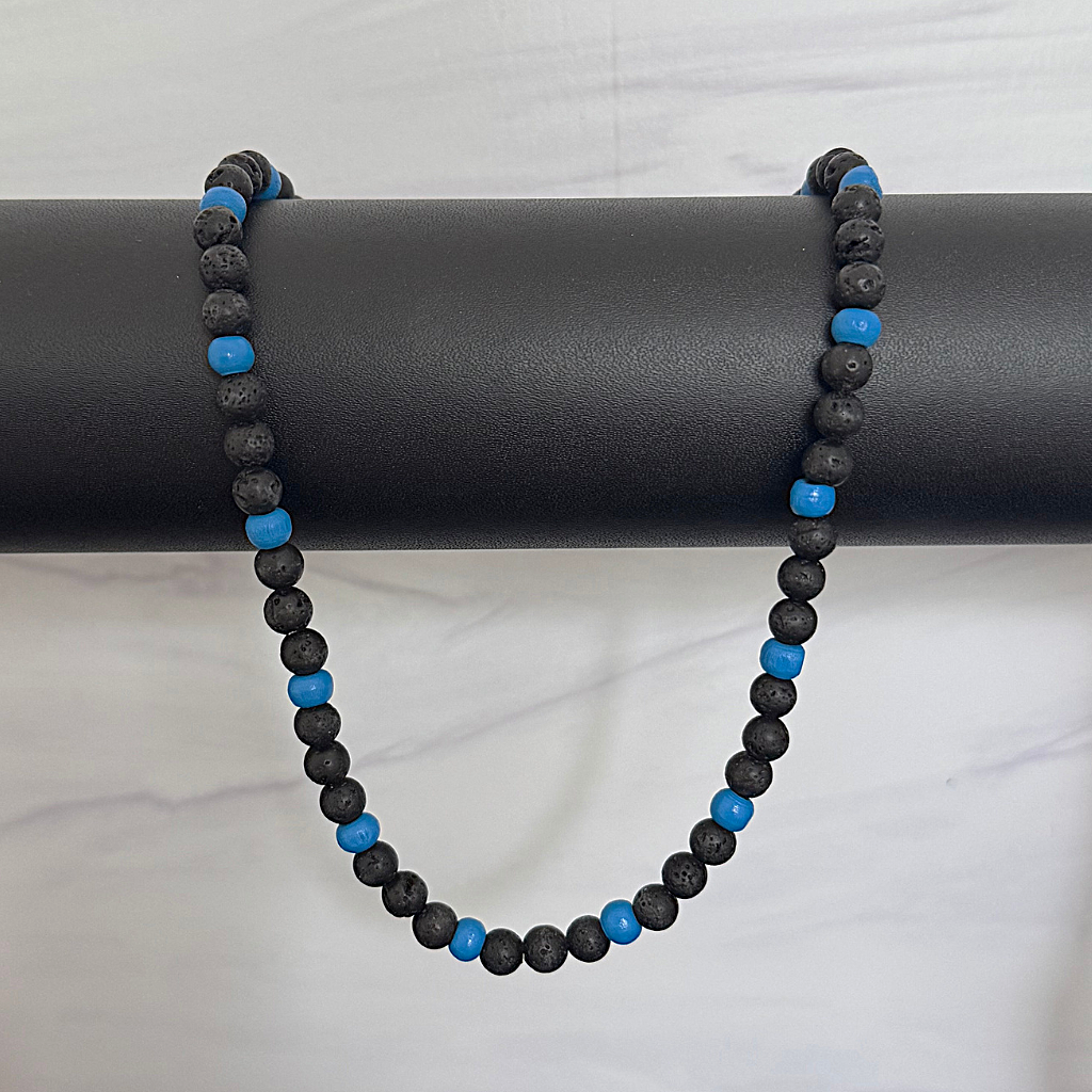 Mens Black Lava and Blue Wood Beaded Necklace On A Black Rod