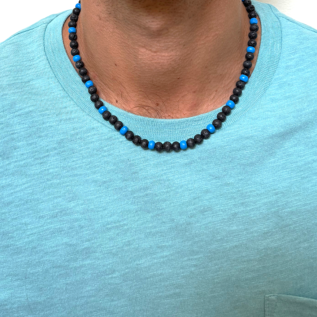 Mens Black Lava and Blue Wood Beaded Necklace On A Man