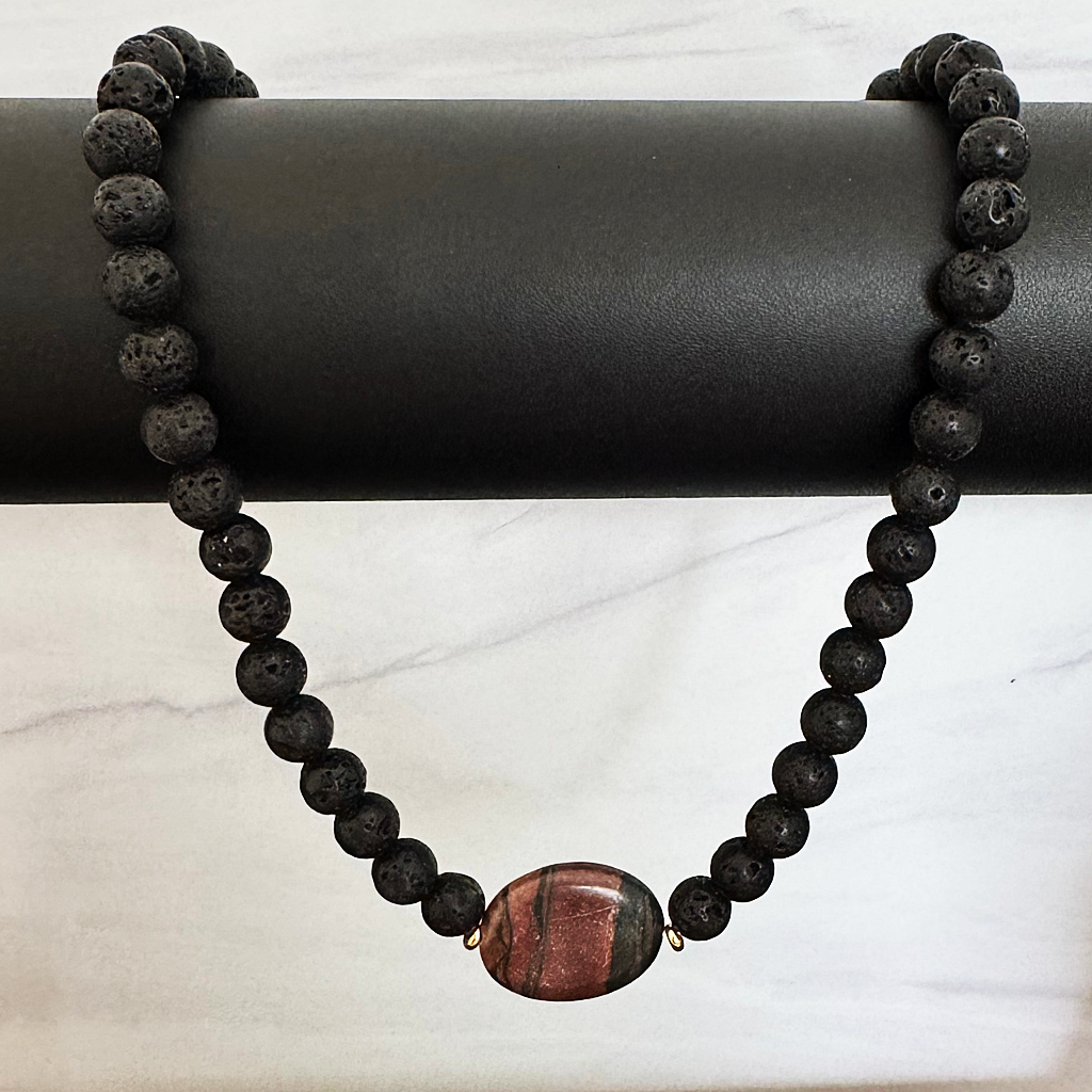 Mens Black Lava and Canyon Marble Beaded Necklace On A Black Bar